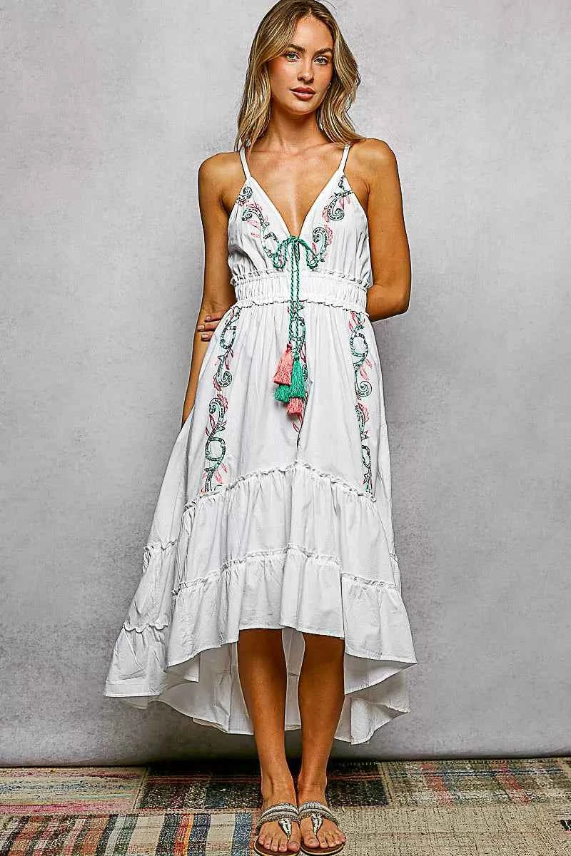 Ivory tiered cami midi dress with embroidered tassel tie — additional view 2