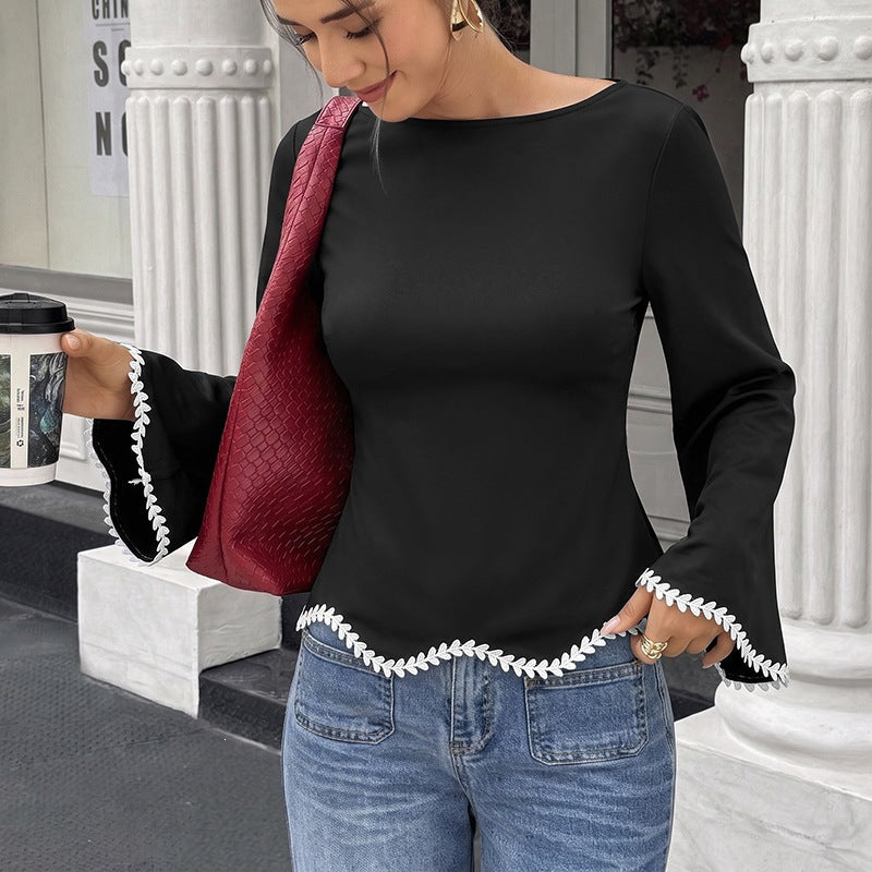 Lace-Trimmed A-Line Floral-Edge Long-Sleeve Blouse, shown in a clear product image