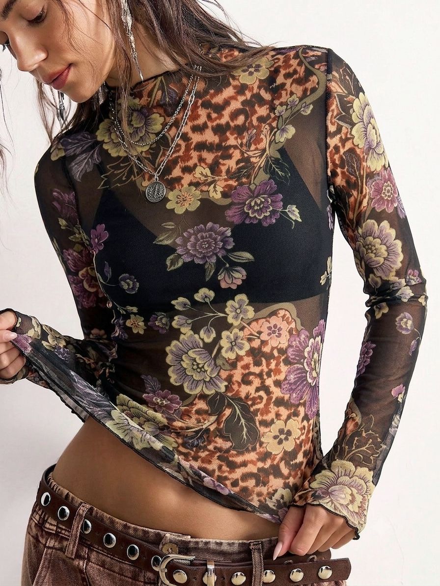 Vintage floral mesh top - slim fit long sleeve tee for women