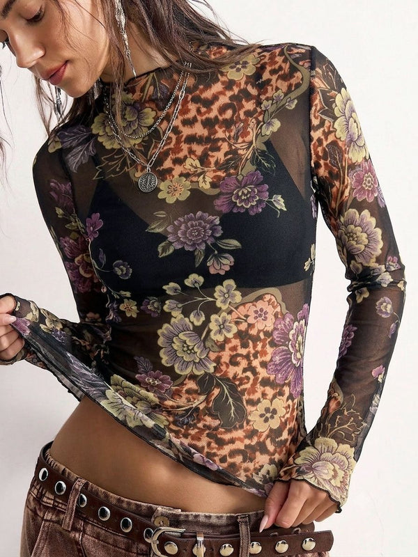 Vintage floral mesh top - slim fit long sleeve tee for women