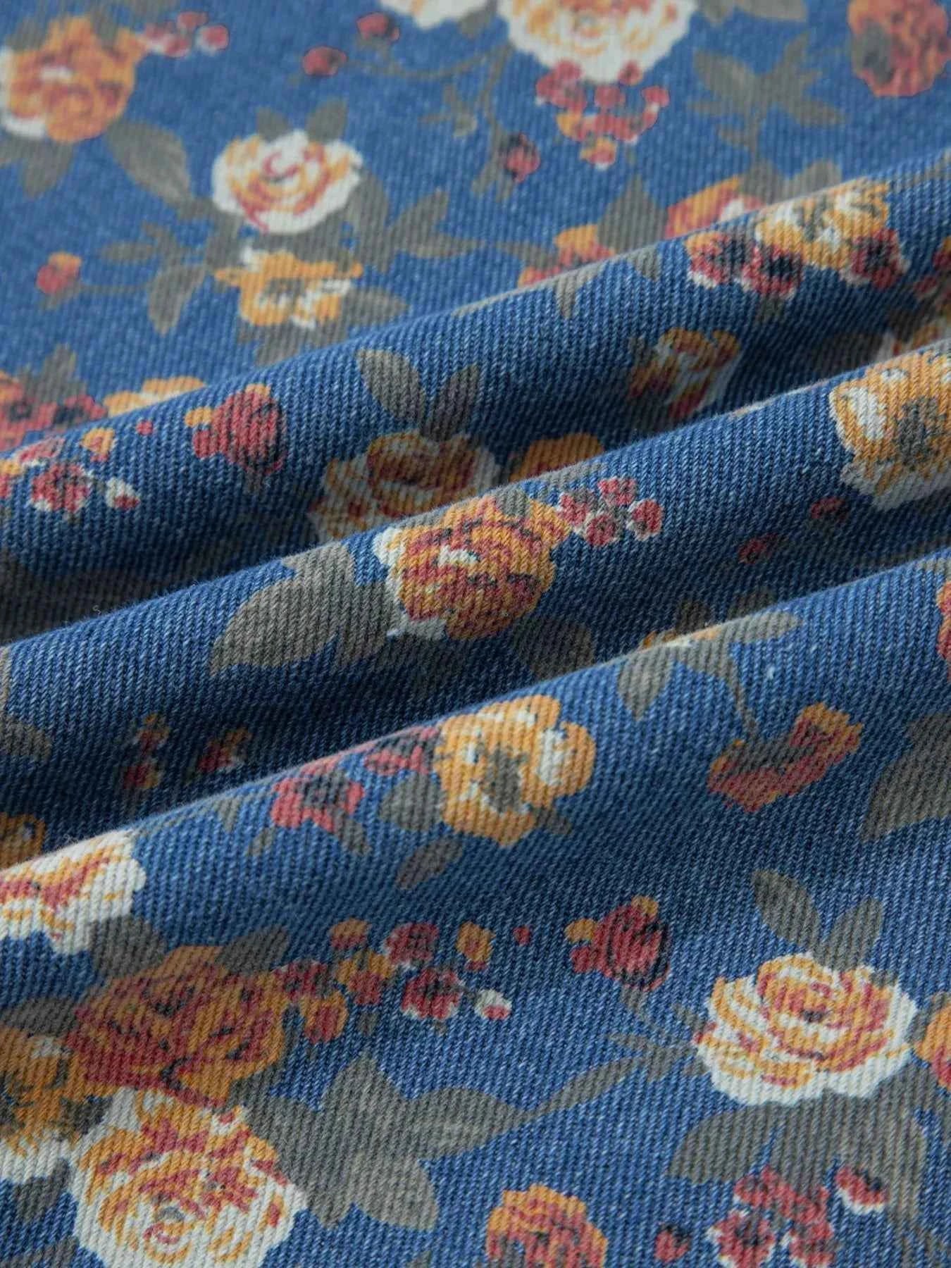 Floral Print Wide Leg Denim Overalls-Denim Overalls-Splashis-Splashis