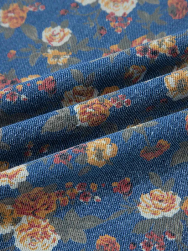 Floral Print Wide Leg Denim Overalls-Denim Overalls-Splashis-Splashis