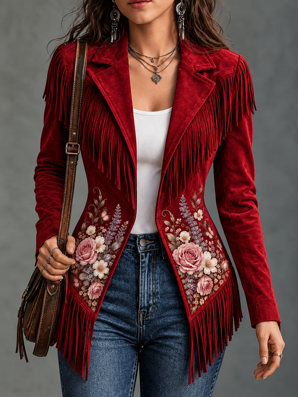 Burgundy women's jacket with floral details and fringe along the shoulders and hem