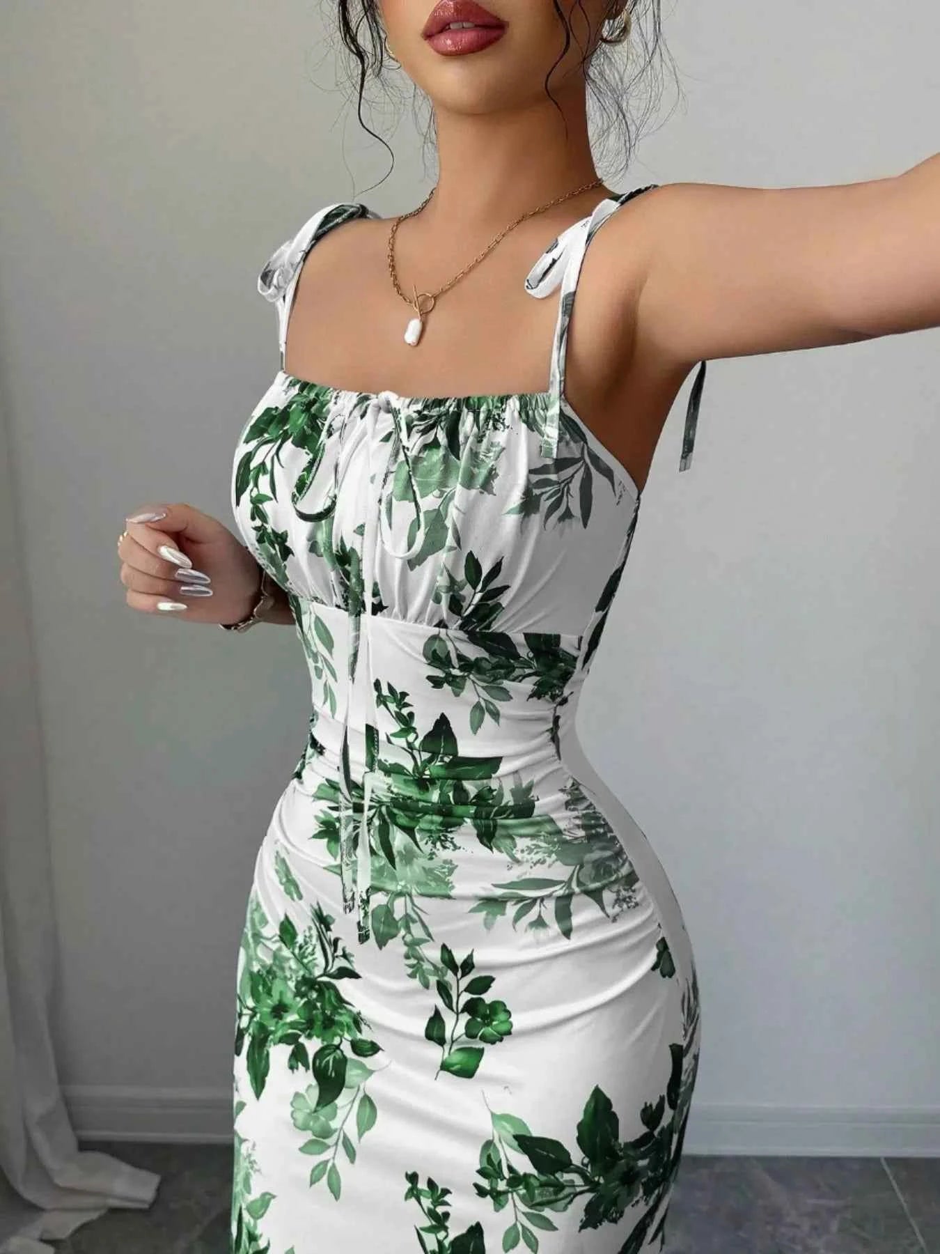 Printed Tie Strap Slit Maxi Dress-Maxi Dress.-Splashis-Splashis