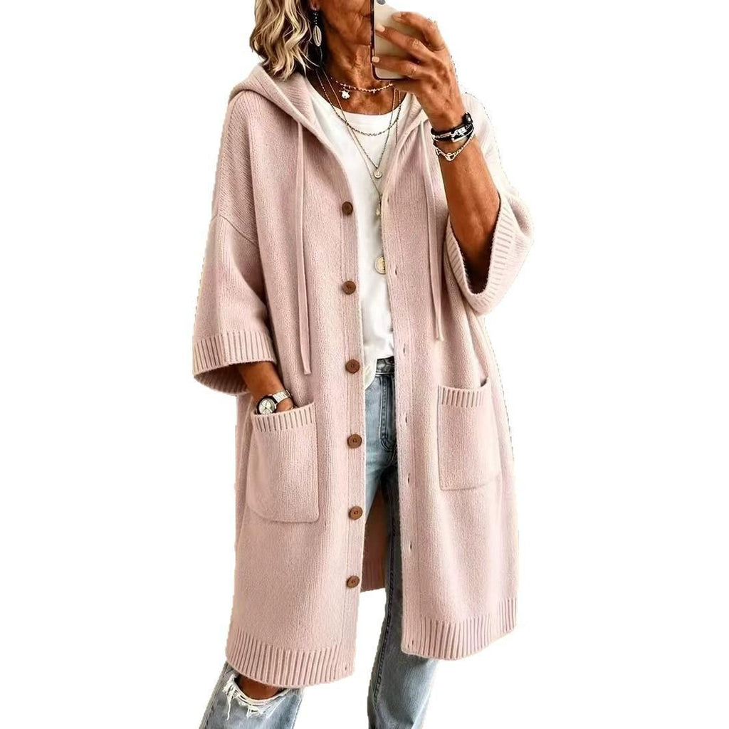 Hooded knitted cardigan coat, hood detail