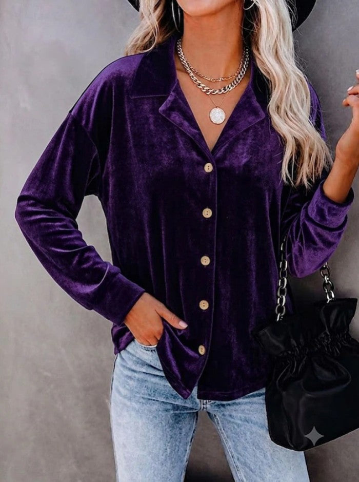 Product detail photo of Button Up Velvet Long Sleeve Shirt, Women’s Shirt, button up velvet long sleeve shirt, everyday style