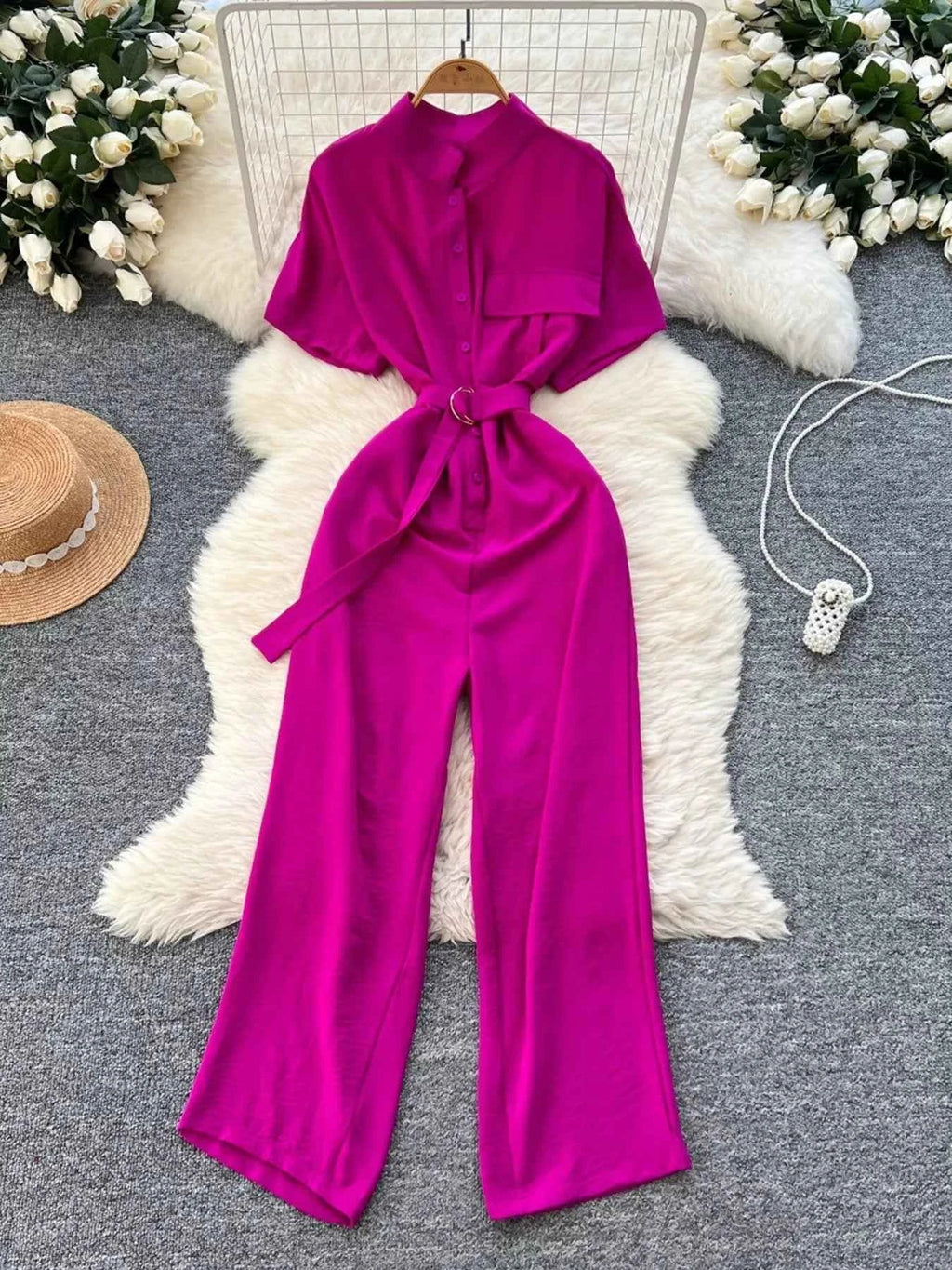 Casual Elegant Button Jumpsuit-Jumpsuit-Splashis-Color:Rose Red-Size:One Size-Splashis