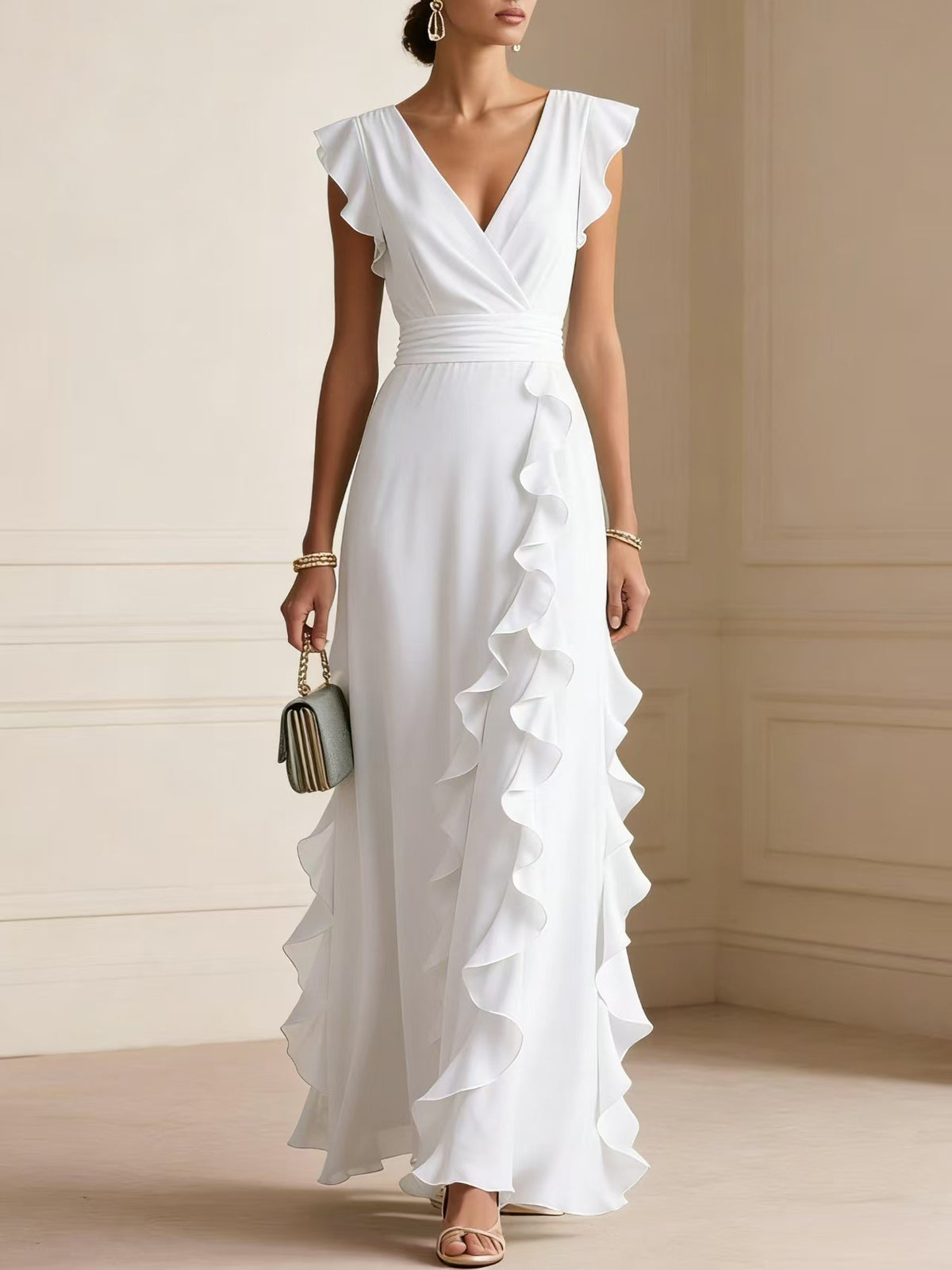 Ruffle Sleeveless V-Neck Long Maxi Dresses, alternate product view