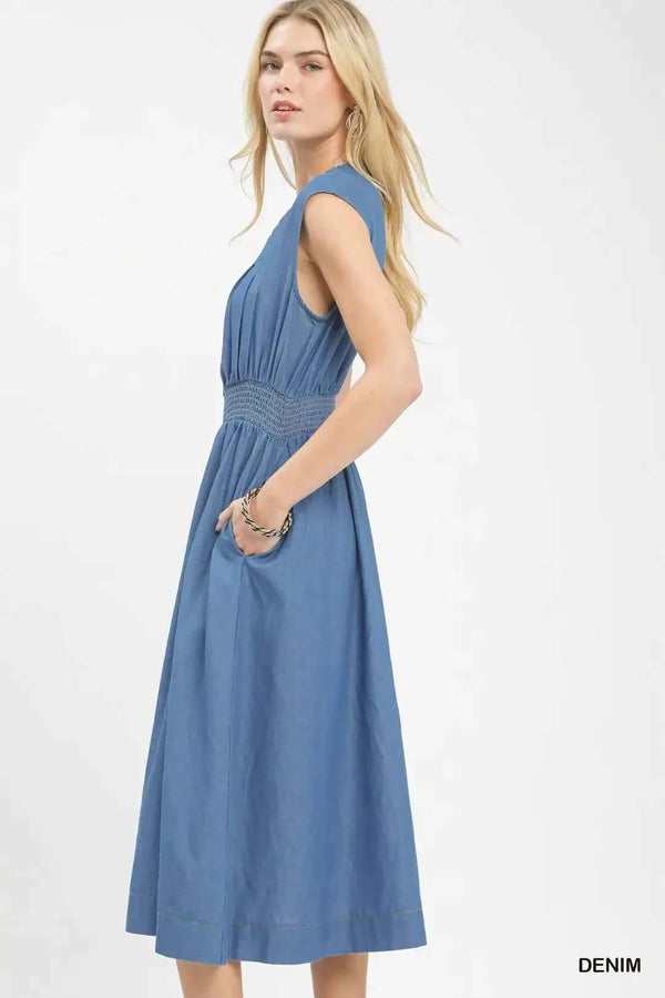 Denim sleeveless zip-front smocked waist midi dress — additional view 3
