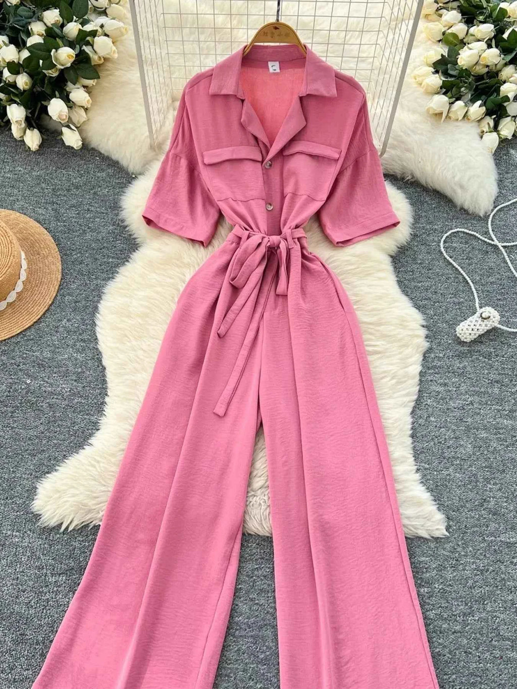 Belted Tie Waist Wide Leg Jumpsuit-Jumpsuit-Splashis-Splashis