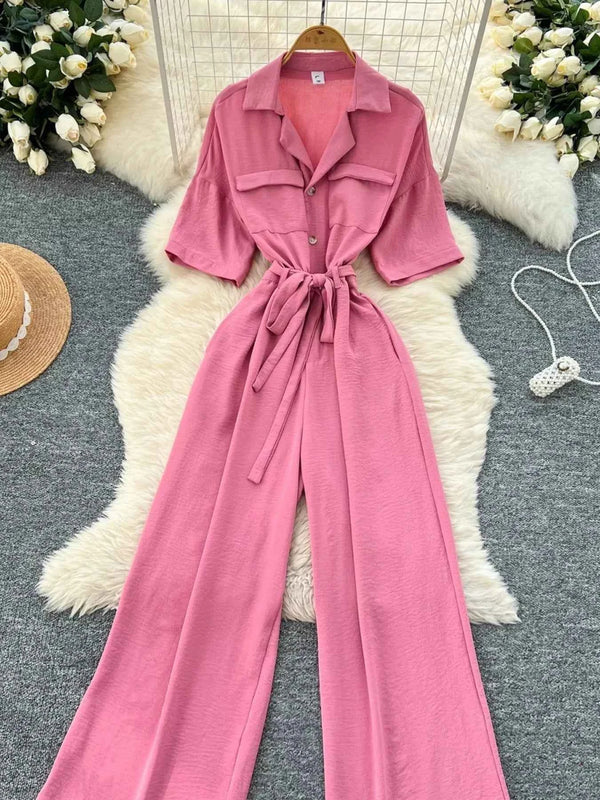 Belted Tie Waist Wide Leg Jumpsuit-Jumpsuit-Splashis-Splashis