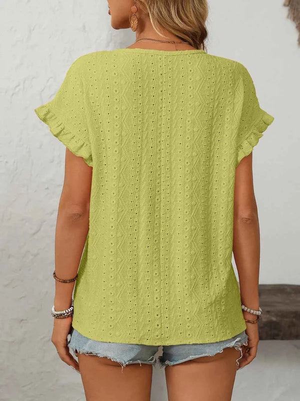 Feminine Eyelet Short Sleeve Top-T-shirt-Splashis-Splashis