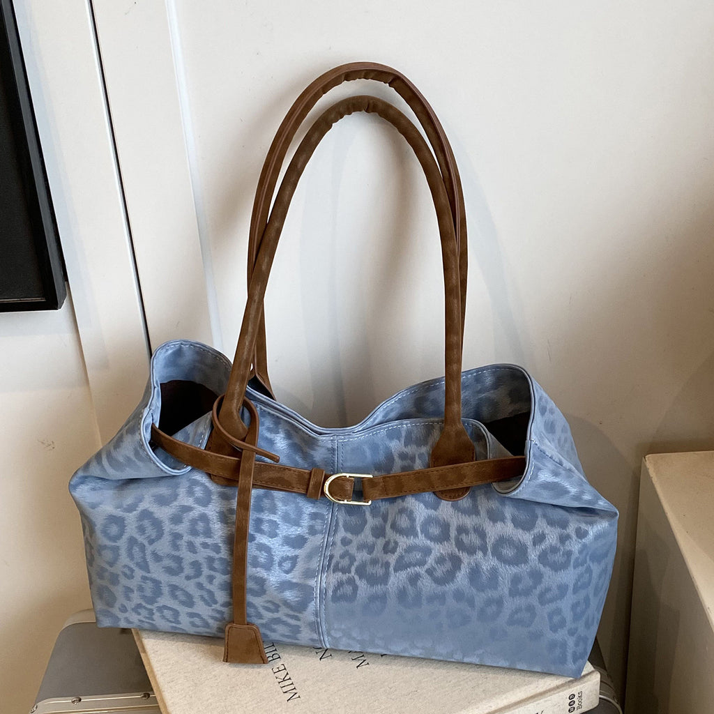 Leopard Print Patchwork Shoulder Bag - Minimalist PU Bag for Women, angled product view