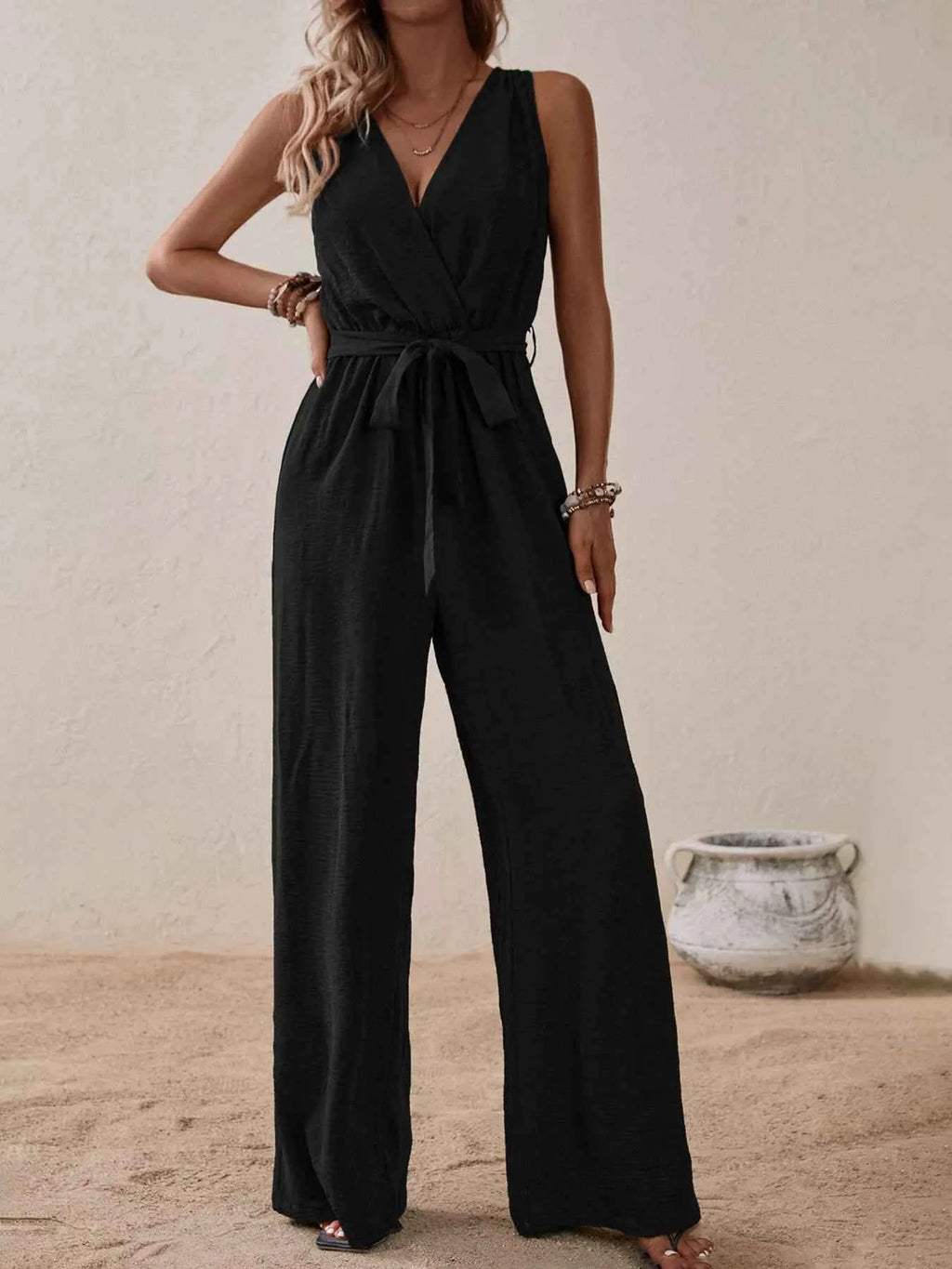 Sleeveless tie waist wide leg jumpsuit — additional view 3