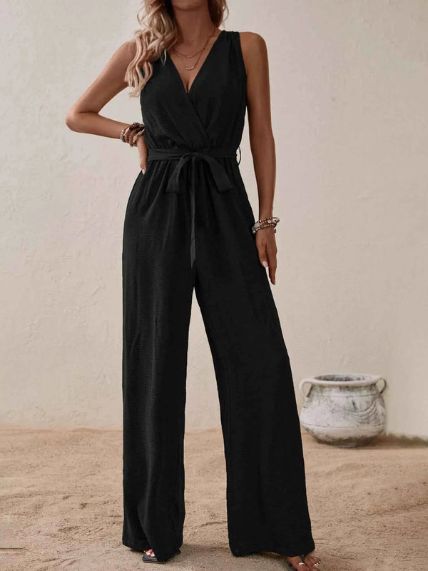 Sleeveless tie waist wide leg jumpsuit — additional view 3