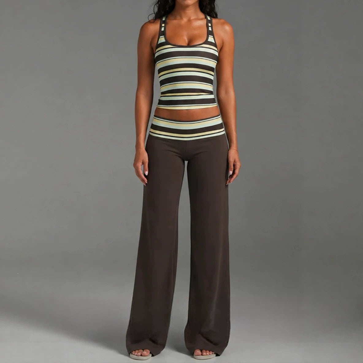 Model wearing the Sleeveless Striped Top and Loose Pants Set