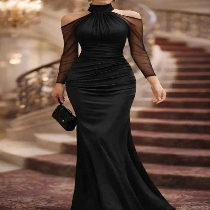 Cold shoulder mesh sleeve maxi dress — primary view
