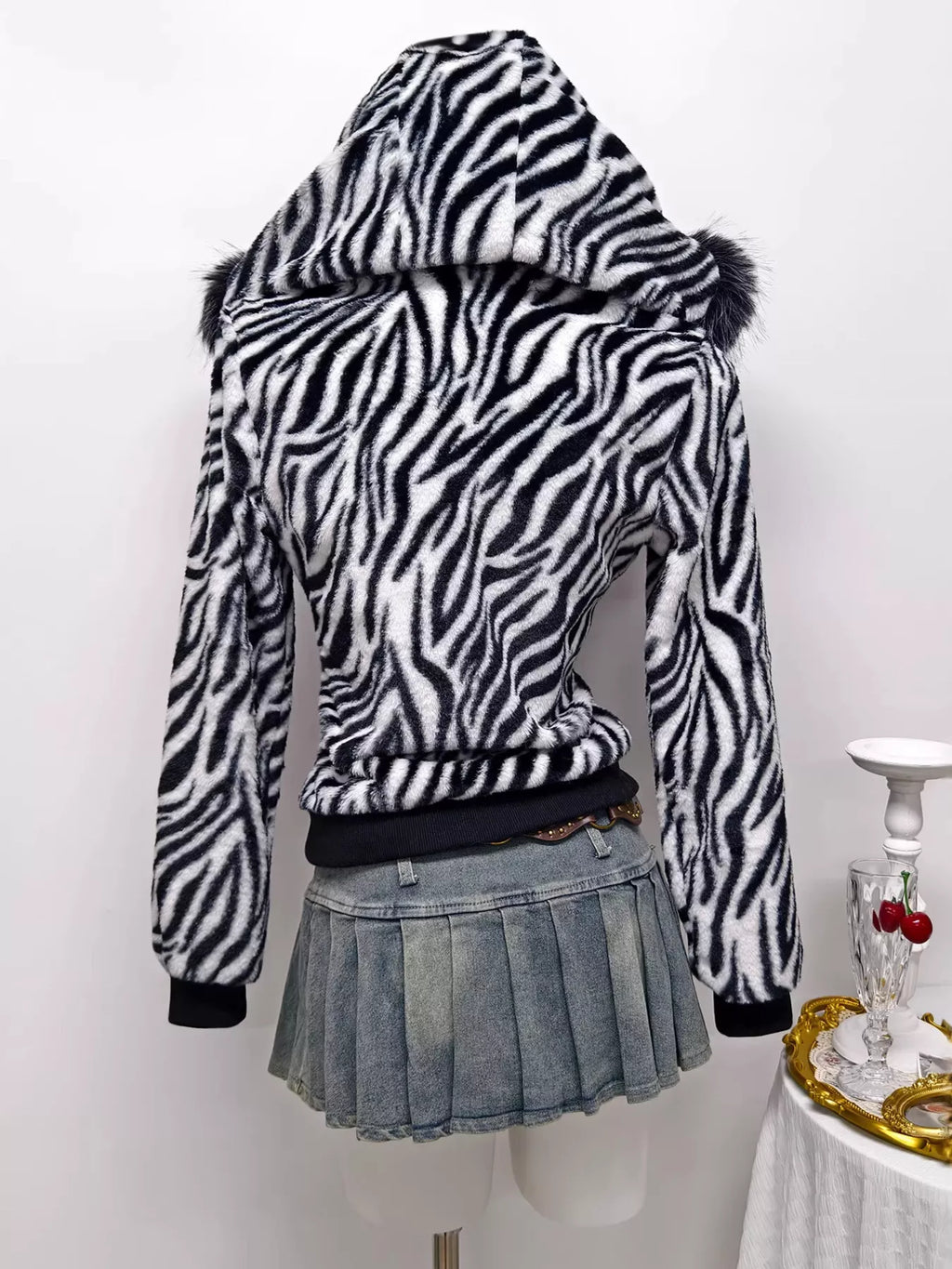 Zebra faux fur hooded zip-up jacket — additional view 4