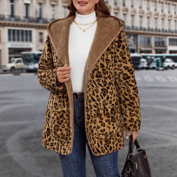 Women's Hooded Loose Fit Thick Leopard Print Jacket, side product view