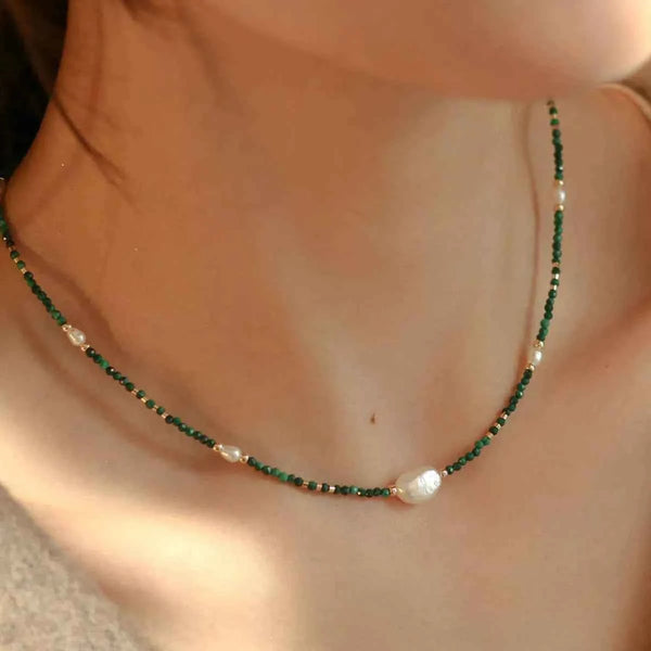 Freshwater pearl and malachite beaded necklace — additional view 2