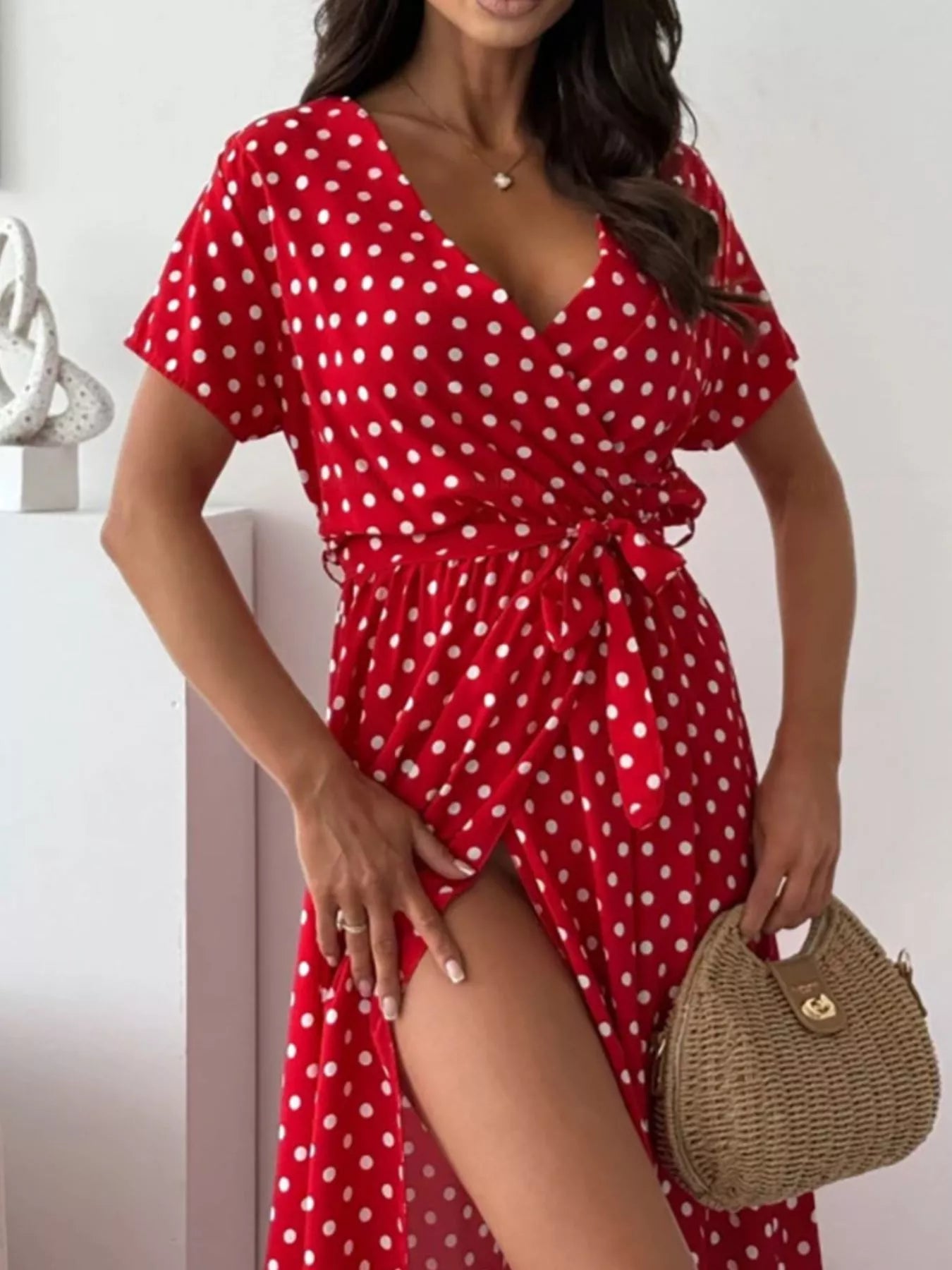 Polka Dot Surplice Maxi Dress with Slit view 8