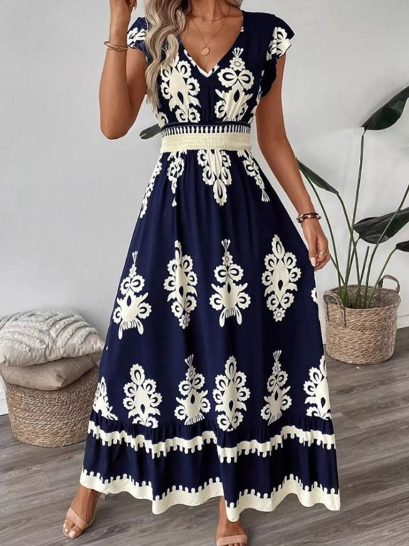 Ruffled Printed V-Neck Maxi Dress view 4