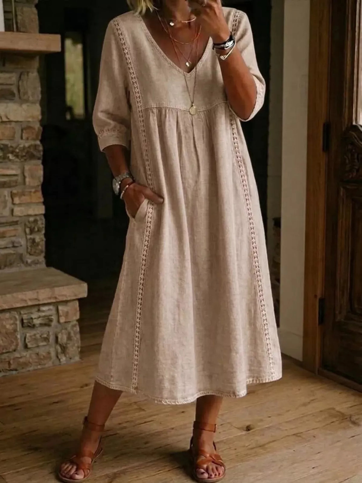 Full Size V-Neck 3/4 Sleeve Midi Dress Plus Size, product view 11