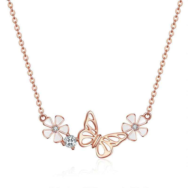 Butterfly and flower pendant necklace in silver-plated alloy — additional view 6