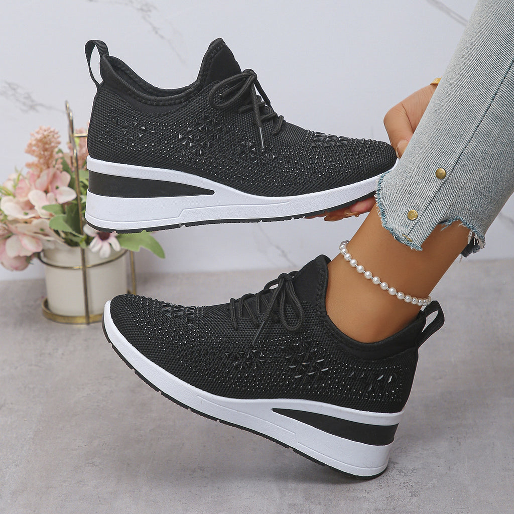 Women's Rhinestone Lace-Up Wedge Sneakers-Splashis, alternate view 3