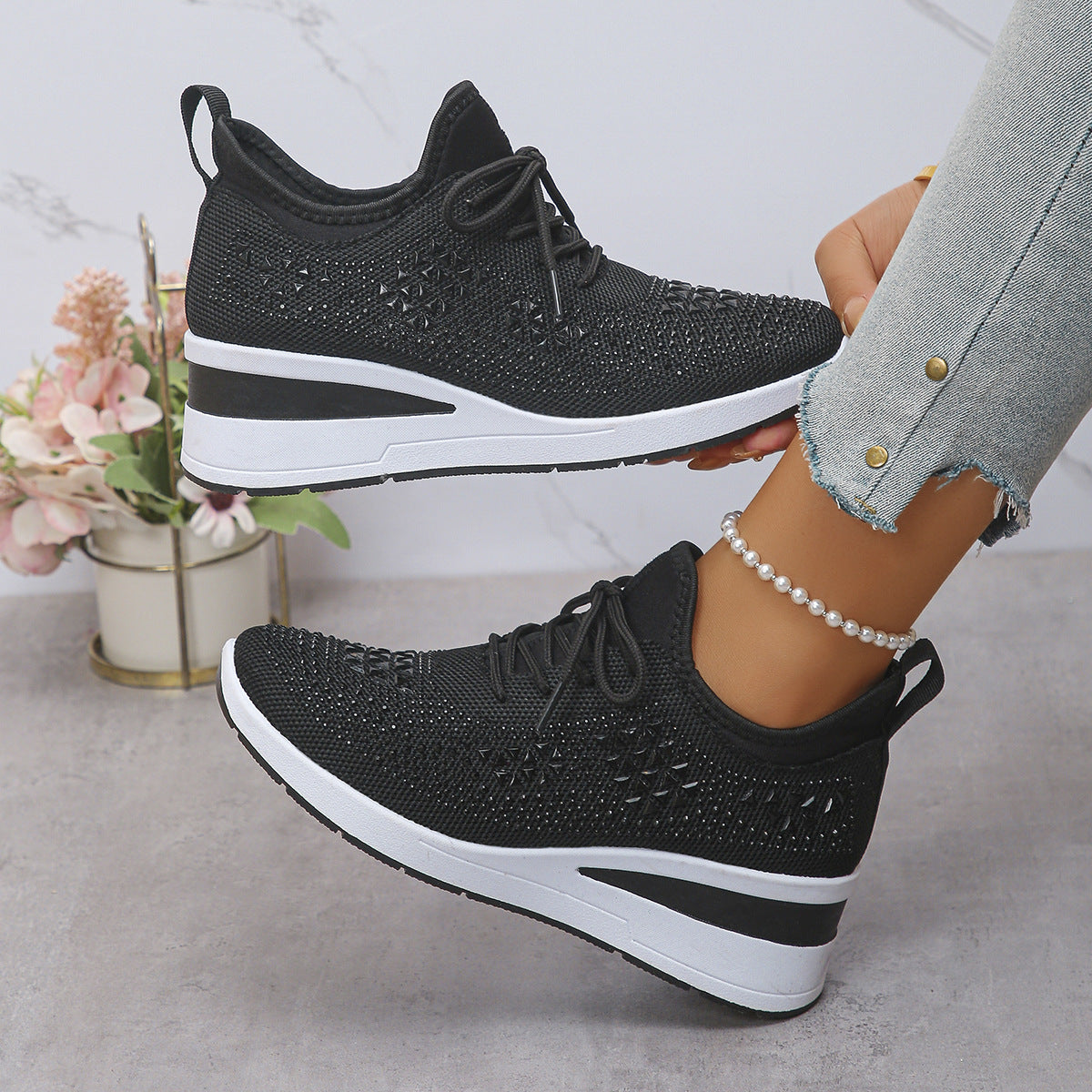 Women's Rhinestone Lace-Up Wedge Sneakers-Splashis, alternate view 3