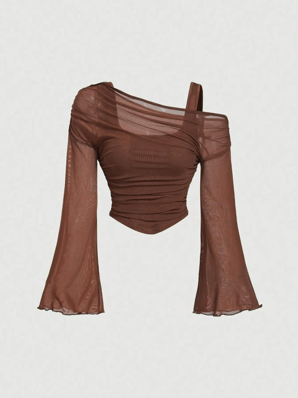 Product detail photo of Mesh Neck Pleated Long Sleeve Top, Blouse, mesh neck pleated long sleeve top, everyday style