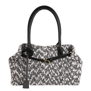 Black fur-trimmed PU tote bag