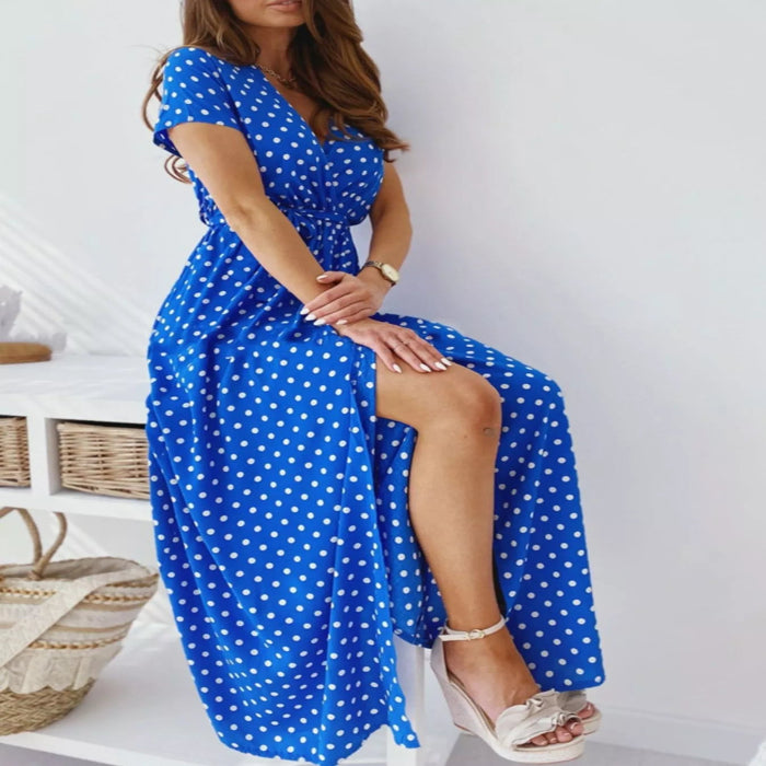 Model wearing the Polka Dot Surplice Maxi Dress with Slit