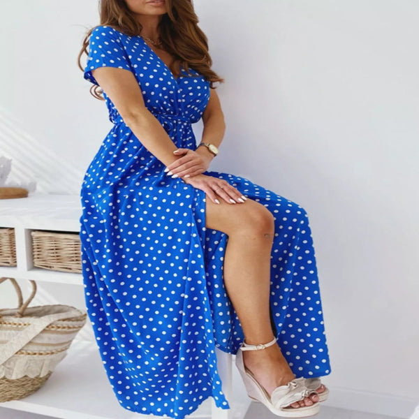 Model wearing the Polka Dot Surplice Maxi Dress with Slit