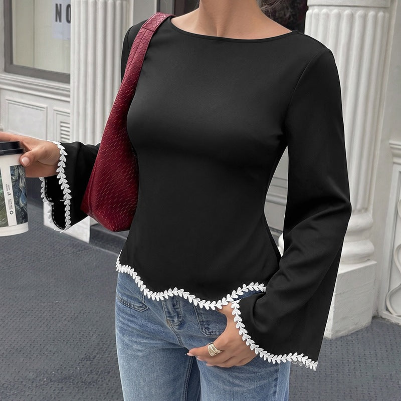 Lace-Trimmed A-Line Floral-Edge Long-Sleeve Blouse, front product view