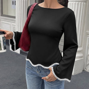 Black lace-trimmed a-line floral-edge long-sleeve blouse for women