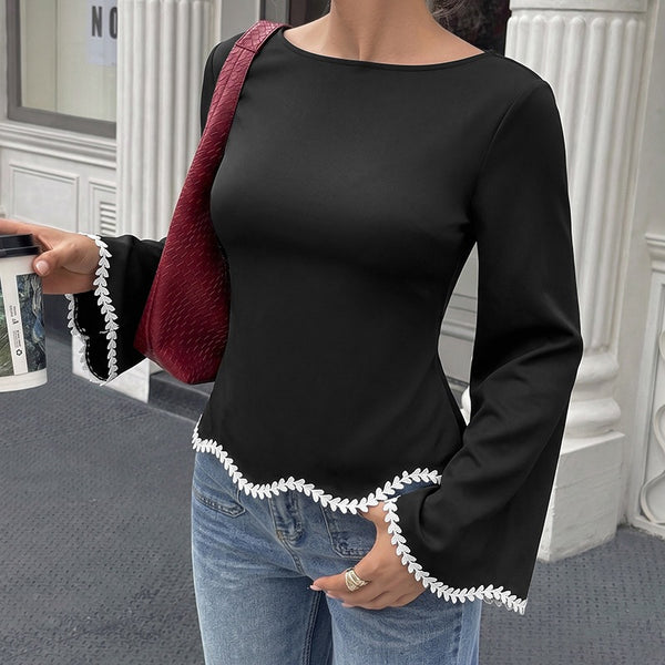 Lace-Trimmed A-Line Floral-Edge Long-Sleeve Blouse, front product view