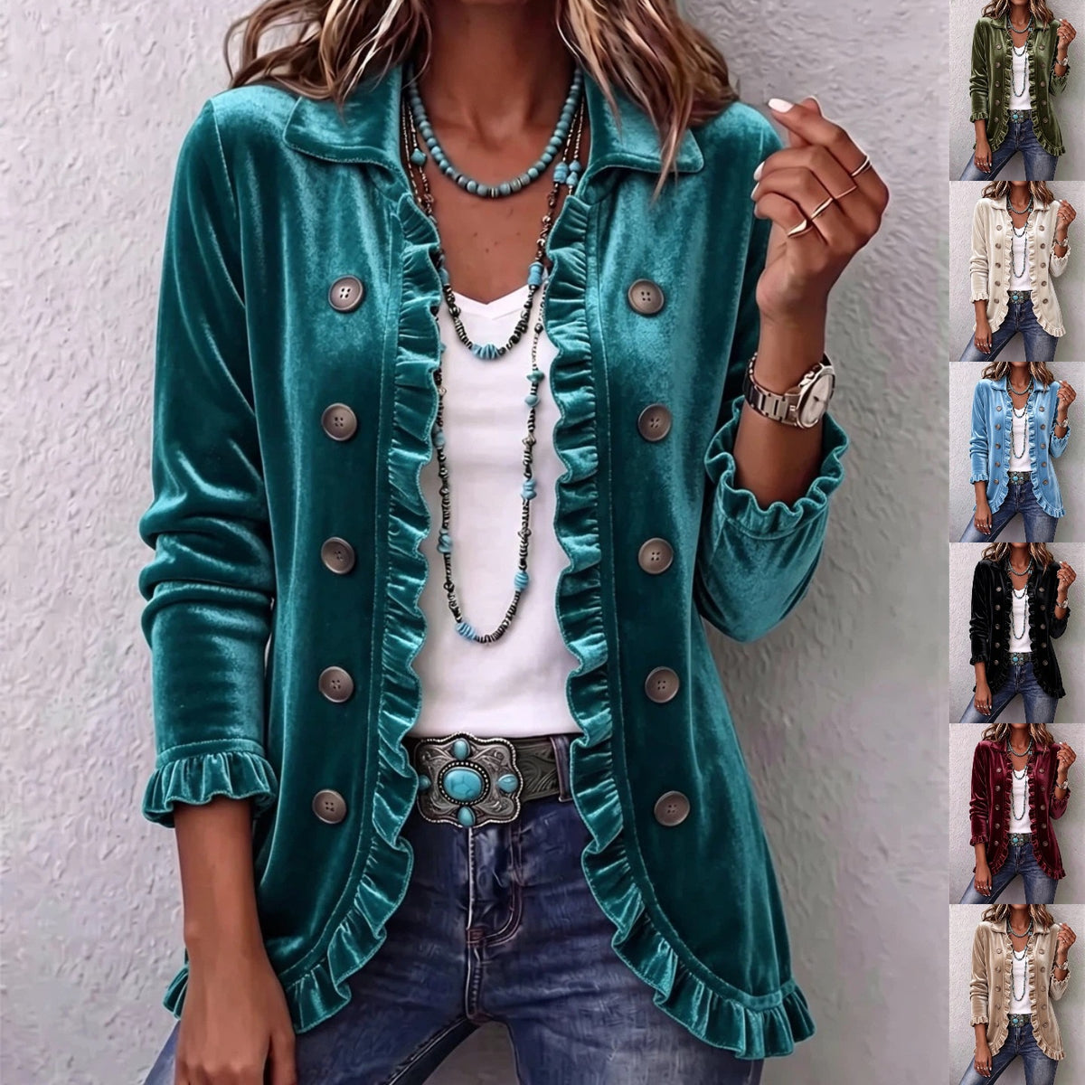Women's Ruffled-Edge Buttoned Velvet Cardigan product image