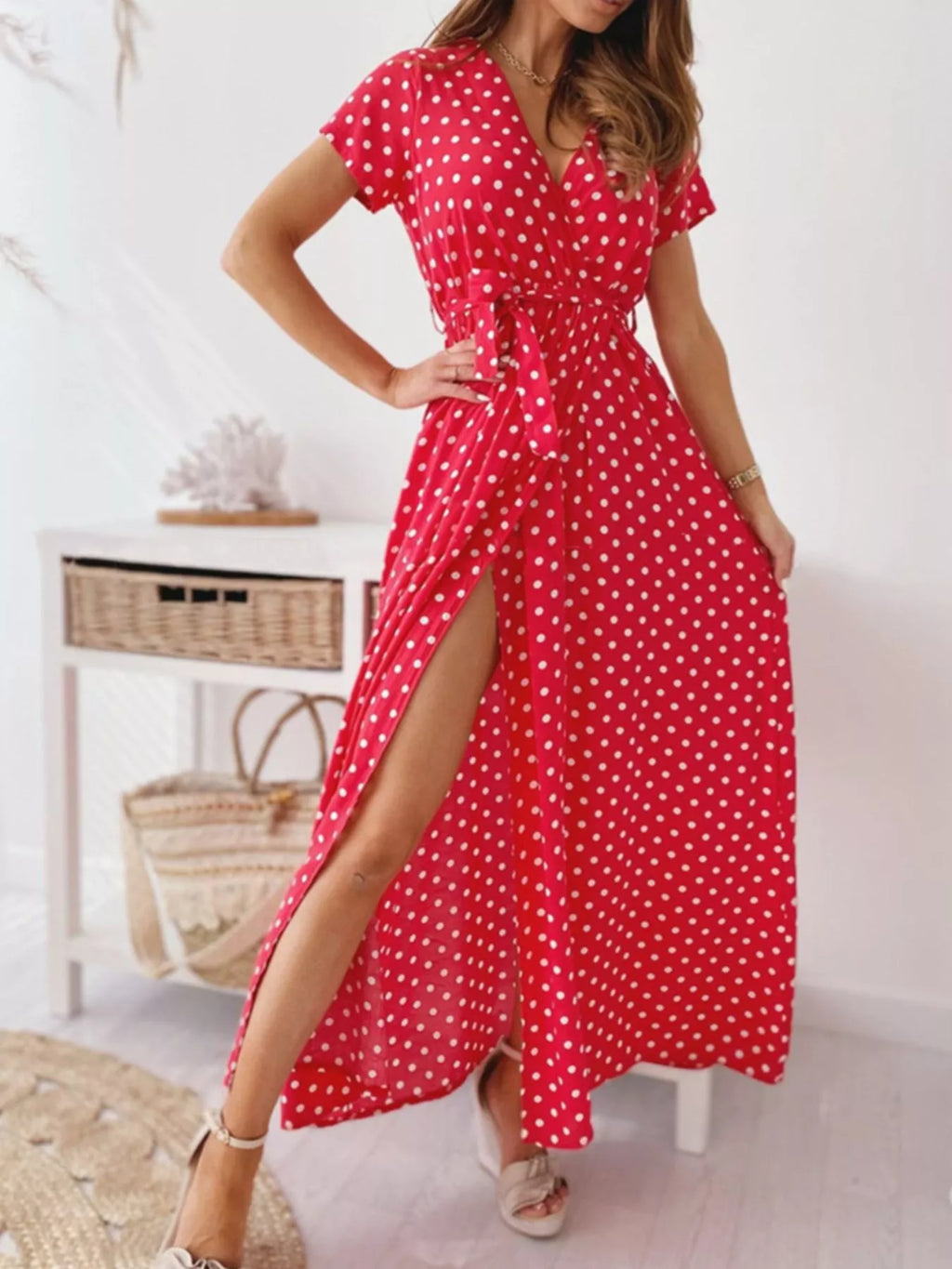 Polka Dot Surplice Maxi Dress with Slit view 7