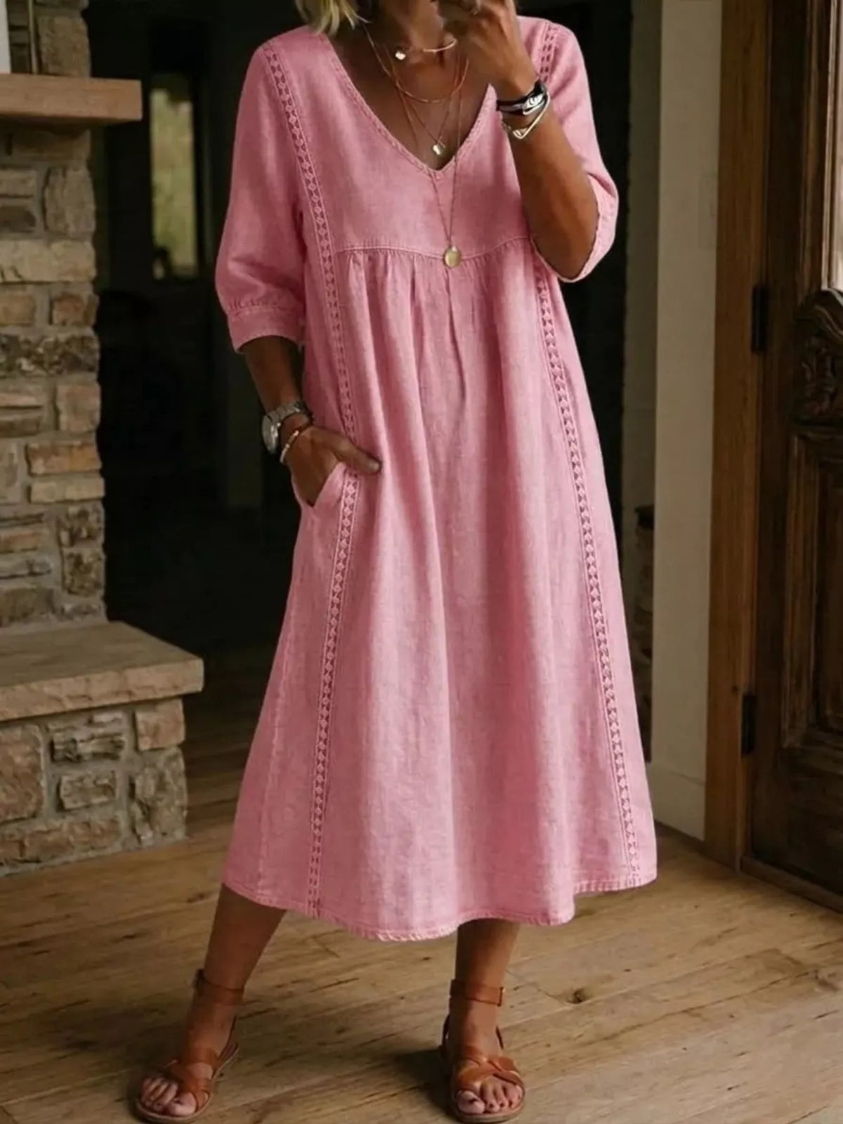 Full Size V-Neck 3/4 Sleeve Midi Dress Plus Size, product view 9