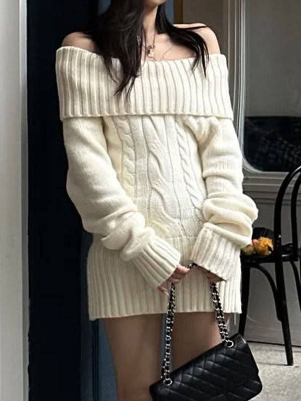 Cream cable-knit mini dress with folded neckline and ribbed hem, front view