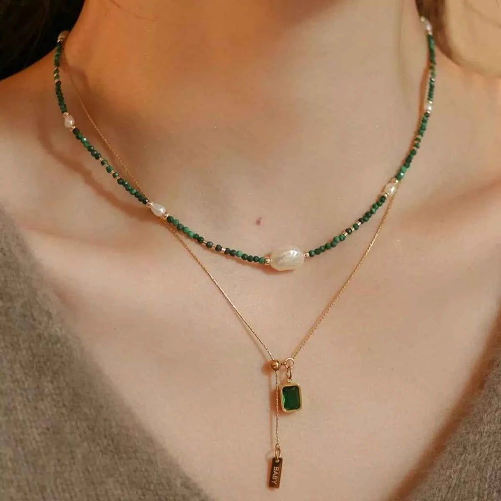 Freshwater pearl and malachite beaded necklace — additional view 9