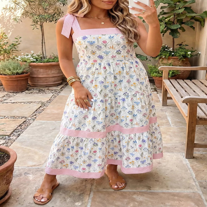 Tiered Floral Tie Shoulder Midi Dress — primary view