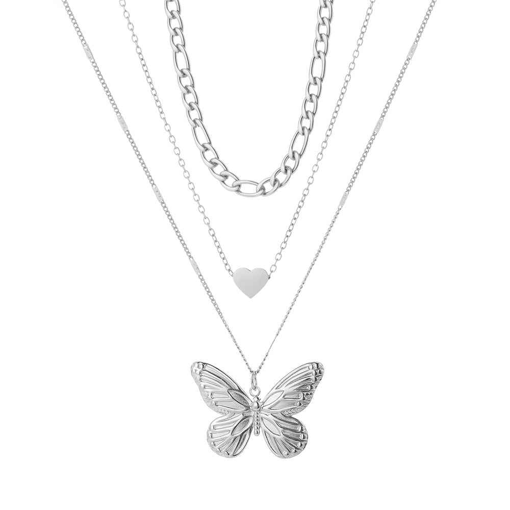 Three-tier butterfly and heart stacking necklace — additional view 5