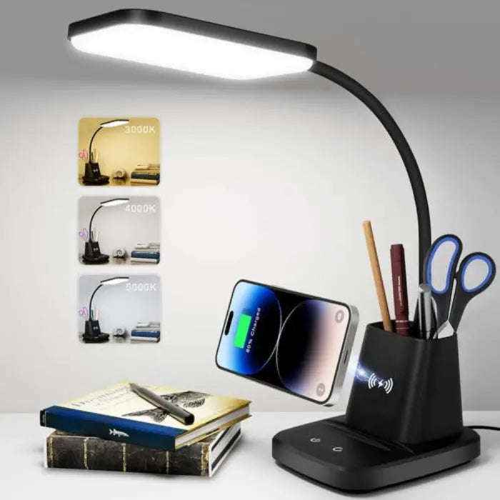 LED desk lamp with wireless charger in black — primary view