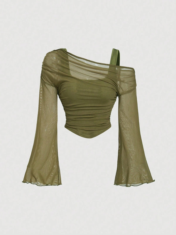 Product detail photo of Mesh Neck Pleated Long Sleeve Top, Blouse, mesh neck pleated long sleeve top, everyday style