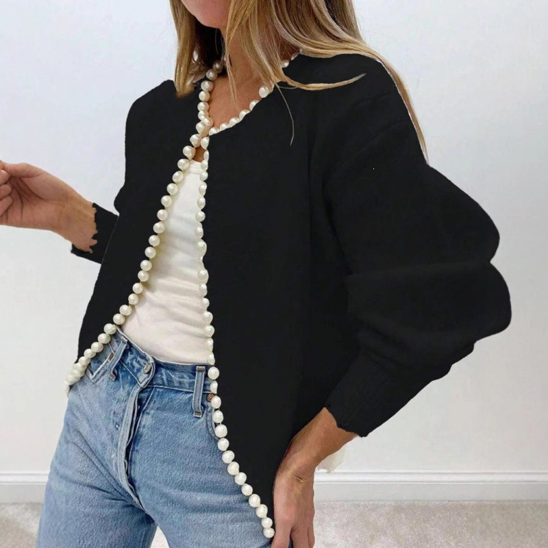 Black mock neck knitted cardigan for women