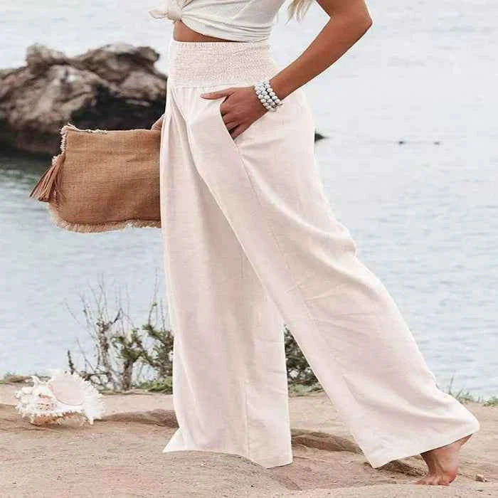 Smocked high-waisted wide-leg pants — primary view