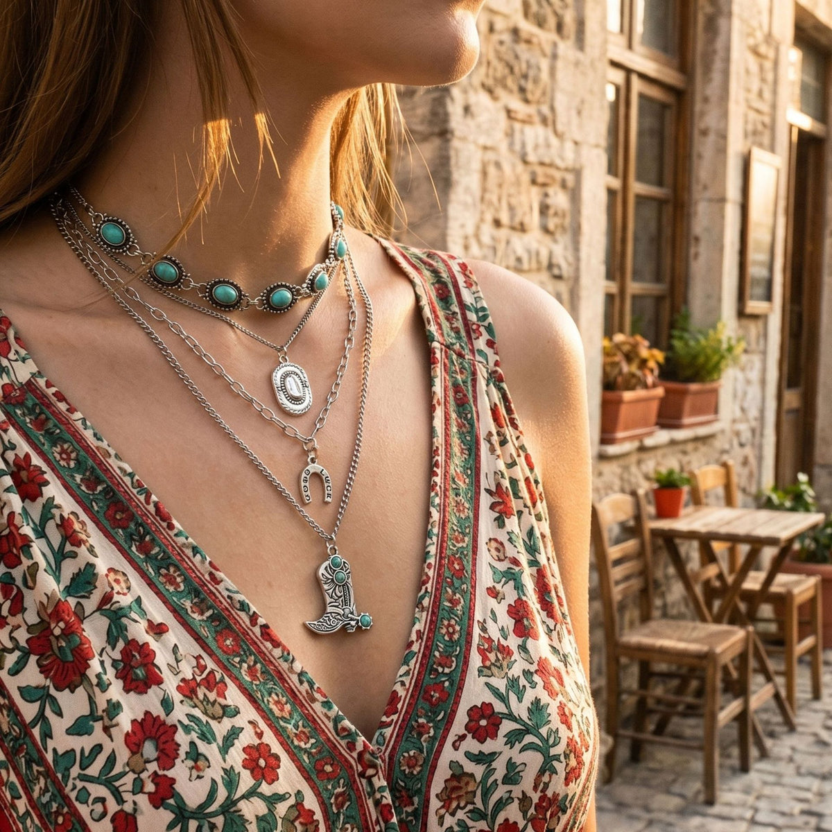 Short turquoise-colored oval-accent necklace with layered silver-tone chains and pendants