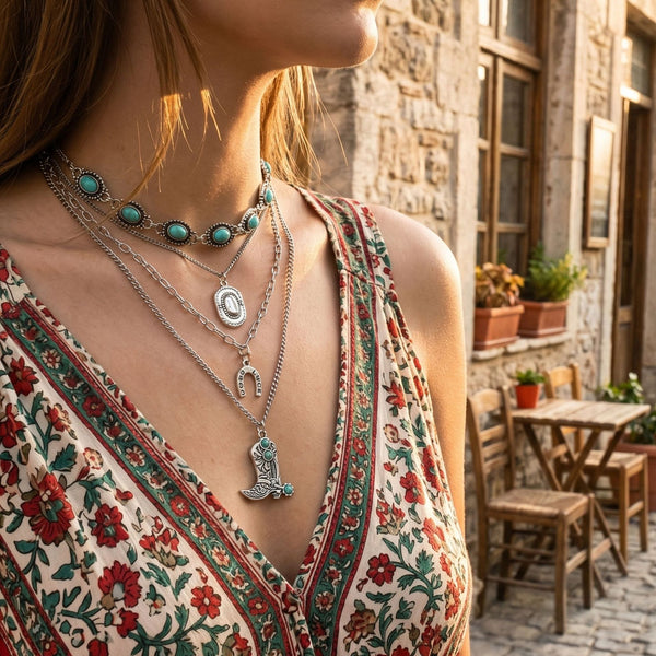 Short turquoise-colored oval-accent necklace with layered silver-tone chains and pendants